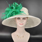 Sinamay Kentucky Derby Hat: Ivory Wide Brim with Green Feather Flower
