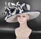 White Sinamay Kentucky Derby Hat: Navy Blue Feather Upturned Brim