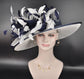 White Sinamay Kentucky Derby Hat: Navy Blue Feather Upturned Brim