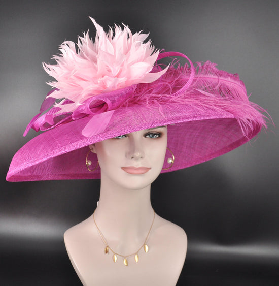 Fuchsia Pink Sinamay Kentucky Derby Hat: Feather Flower Wide Brim