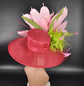 Wide Brim Sinamay Kentucky Derby Hat: Red, Pink Flower & Feathers
