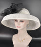 Wide Brim Sinamay Derby Hat: White Audrey Hepburn Style with Black Flower