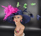 Navy Blue Gree Fuchsia Pink Feather Flower  Wide Brim Sinamay hat, Kentucky derby Hat, Wedding Guest Hat, Tea Party Hat, Ascot Royal Style H