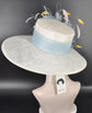 Church Kentucky Derby Hat Carriage Tea Party Wedding Wide Brim   Hat in Solid Sinamay Hat White with light/Powder  blue