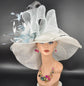 Wide Brim Sinamay Hat, Kentucky Derby Hat,Church hat,Tea Party Hat,Custom hat, Formal Hat, Oaks Day Hat White W Powder Blue Feather Flower