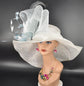 Wide Brim Sinamay Hat, Kentucky Derby Hat,Church hat,Tea Party Hat,Custom hat, Formal Hat, Oaks Day Hat White W Powder Blue Feather Flower
