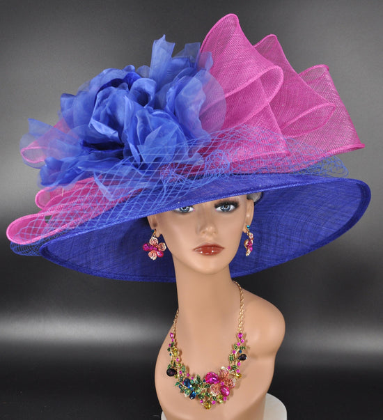Wide Brim Sinamay Derby Hat: Royal Blue, Fuchsia Bows & Flowers