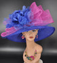 Wide Brim Sinamay Derby Hat: Royal Blue, Fuchsia Bows & Flowers