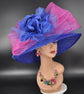 Wide Brim Sinamay Derby Hat: Royal Blue, Fuchsia Bows & Flowers