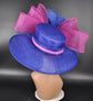 Wide Brim Sinamay Derby Hat: Royal Blue, Fuchsia Bows & Flowers