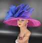 Fuchsia Pink & Royal Blue Sinamay Wide Brim Kentucky Derby Hat
