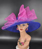 Royal Blue Fuchsia Pink Wide Brim Sinamay Hat Church Kentucky Derby Hat Carriage Tea Party Wedding Hat Bows