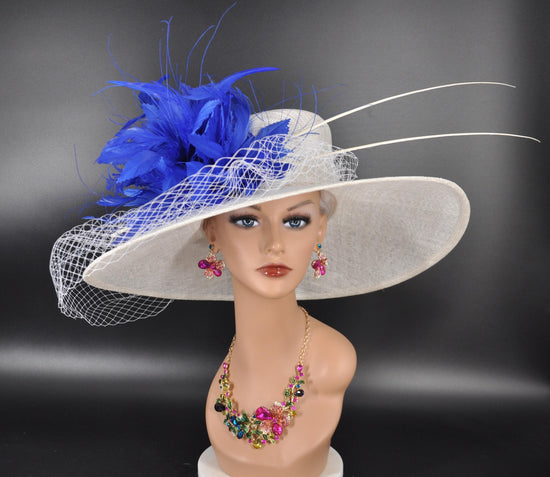 Sinamay Kentucky Derby Hat: White Wide Brim Royal Blue Feather Ascot Hat