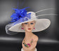 Sinamay Kentucky Derby Hat: White Wide Brim Royal Blue Feather Ascot Hat
