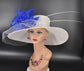 Sinamay Kentucky Derby Hat: White Wide Brim Royal Blue Feather Ascot Hat
