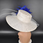 Sinamay Kentucky Derby Hat: White Wide Brim Royal Blue Feather Ascot Hat