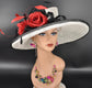 Sinamay Kentucky Derby Hat: Wide Brim Rose Flowers, Red Feathers