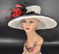 Sinamay Kentucky Derby Hat: Wide Brim Rose Flowers, Red Feathers