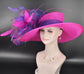 Oaks Day Hat Fuchsia Pink and Purple Feather Hat, Kentucky Derby, Tea Party, Wedding, Church, Royal Ascot Headpiece Wide Brim Sinamay Hat