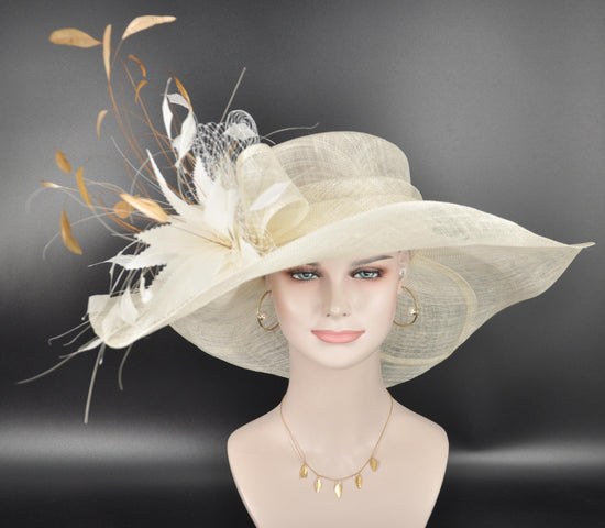 Ivory Sinamay Derby Hat: Gold Feather Flower Wide Brim