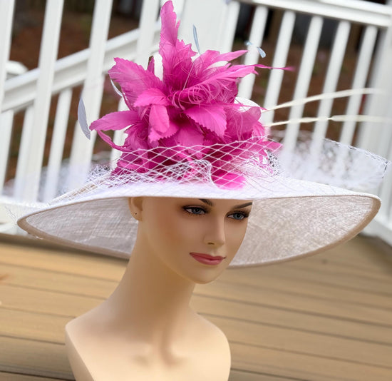 Wide Brim Sinamay Kentucky Derby Hat: Hot Pink Feather Church Hat