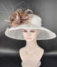White Sinamay Derby Hat: Taupe Feather Flowers, Wide Brim