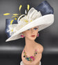 Kentucky Derby Hat: Ivory Sinamay Wide Brim with Navy Abaca Bow