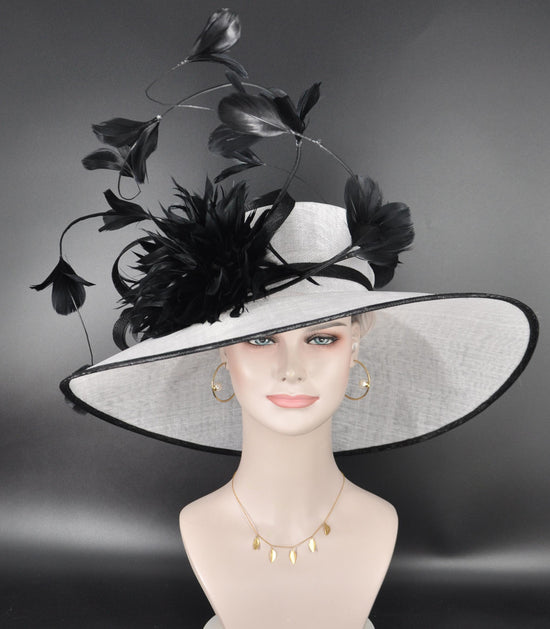 White Sinamay Derby Hat: Black Feather Church Ascot Hat