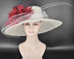 White & Burgundy Feather Flower Wide Brim Sinamay Hat For Kentucky Derby, Ascort Royal, Tea Garden Party, Wedding Party, Church