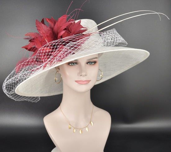White & Burgundy Feather Flower Wide Brim Sinamay Hat For Kentucky Derby, Ascort Royal, Tea Garden Party, Wedding Party, Church