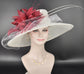 White & Burgundy Feather Flower Wide Brim Sinamay Hat For Kentucky Derby, Ascort Royal, Tea Garden Party, Wedding Party, Church