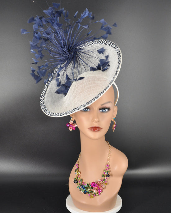 White W Navy Blue Sinamay Disc Fascinator Hat with  Jumbo  Feather Flower