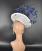 White W Navy Blue Sinamay Disc Fascinator Hat with  Jumbo  Feather Flower