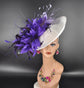 White Sinamay Fascinator Hat: Lilac Feather Flowers, Kentucky Derby