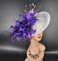 White Sinamay Fascinator Hat: Lilac Feather Flowers, Kentucky Derby