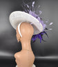 White Sinamay Fascinator Hat: Lilac Feather Flowers, Kentucky Derby