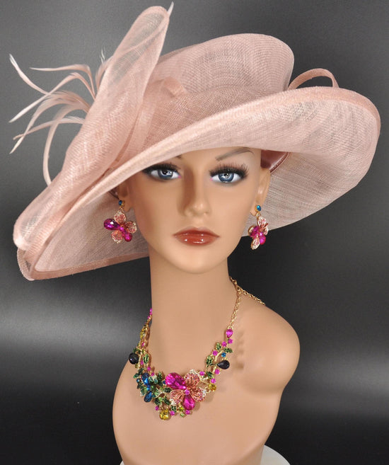 Wide Brim Sinamay Derby Hat: Blush Pink Floral Church Millinery