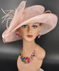 Wide Brim Sinamay Derby Hat: Blush Pink Floral Church Millinery