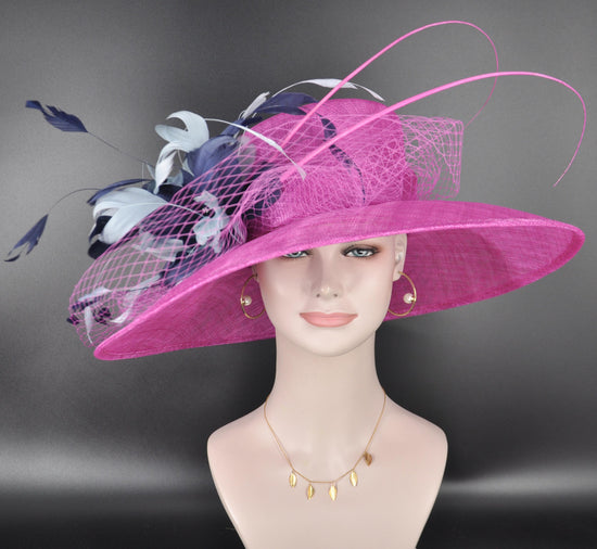 Wide Brim Sinamay Hat Church Kentucky Derby Hat Carriage Tea Party Wedding Hat Fuchsia Pink w Navy Blue Powder Blue Oaks day hat
