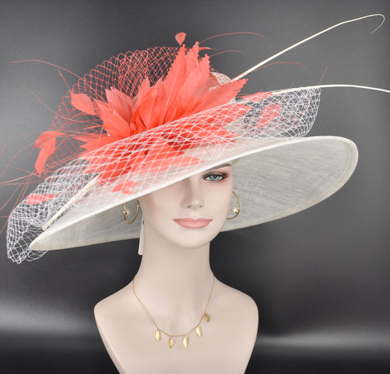 Wide Brim Sinamay Kentucky Derby Hat: White with Coral Pink Feather Flower