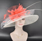 Wide Brim Sinamay Kentucky Derby Hat: White with Coral Pink Feather Flower