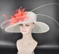 Wide Brim Sinamay Kentucky Derby Hat: White with Coral Pink Feather Flower
