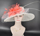 Wide Brim Sinamay Kentucky Derby Hat: White with Coral Pink Feather Flower