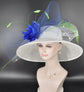 Church,  Kentucky Derby Hat  Carriage, Tea Party, Wedding Wide Brim Royal Ascot Hat in Solid Sinamay Hat White W Royal Blue Lime Green