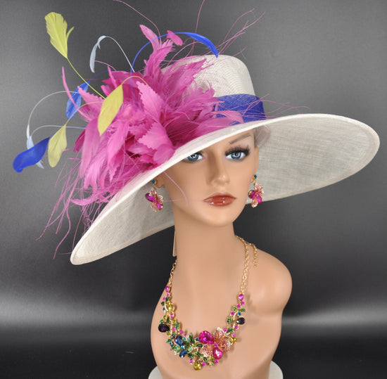 White Royal Blue Pink Yellow Blue Wide Brim Kentucky Derby Hat,Ascot Hat for Wedding Tea Party,Garden Party Hat, Mother of the Bride, Church