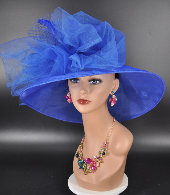 Royal Blue Organza Derby Hat, Wedding Church Tea Party Hat