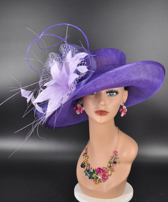 Purple w Lilac Derby Hat: Feather Flower Ostrich Quill Sinamay Church Hat