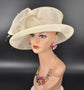 Wide Brim Kentucky Derby Floppy Sinamay Hat With Flowers  Millinery Church  Hat Ivory