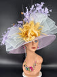 Lilac Sinamay Derby Hat: Feather Flower Wide Brim Headpiece