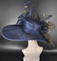Navy Blue Kentucky Derby Hat: Royal Ascot Wide Brim Feathered Hat